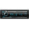 Schwarzes Autoradio mit blauem Knopf und Display. Anzeige: DAB+, BT, USB. Aufschrift: KENWOOD.