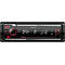 Schwarzes Autoradio von Kenwood mit roter Beleuchtung. Es zeigt DAB+, BT, und USB-Funktionen an.