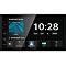 Ein schwarzes Autoradio-Display mit der Uhrzeit 10:28, Android Auto, Musikinformationen und App-Symbolen.