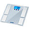 Digitale Personenwaage mit blauem Display, zeigt 0,0 an. Weisse Messflächen, Marke KERN.