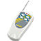 White remote control with antenna. Blue buttons with numbers. Grey field with yellow stripes. Red LED.