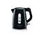 Black kettle with water level indicator, handle and spout against a white background.