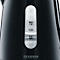 Close-up of a black kettle with water level indicator, reads "SEVERIN".