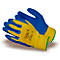 Two work gloves; blue and yellow. On the yellow part is a label with numbers and symbols.
