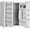 White safe with open doors. Inside, many key holders and a notepad.