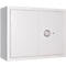 White safe with two doors, round handle and keyhole.
