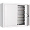 White key cabinet with open door, interior layout with holders.