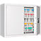 White key cabinet with open door, full of keys with colored tags.