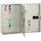 Open gray key cabinet with keys and colored tags.