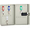 Opened key cabinet with keys. The key fobs are color-coded and numbered. A lock is also present.