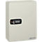 Cream-colored key safe with combination lock and key. The safe has the Beaumont logo.