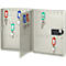 Open, light grey key cabinet with colored key fobs and numbers. A lock is on the right side.