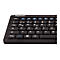Detailaufnahme einer schwarzen KeySonic-Tastatur mit weiÃŸen Buchstaben und blauen Funktionstasten.