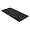 Eine schwarze, flache Tastatur auf weiÃŸem Grund. Die Tasten sind schwarz mit weiÃŸer Beschriftung, einige blau.