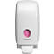 Dispensador de jabón blanco con jabón rosa en la ventana del dispensador. Logotipo de Kimberly-Clark en la parte inferior.