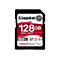 Carte SD Kingston noire avec autocollant rouge, indiquant 128 Go, 300 Mo/s, Canvas React Plus. La carte SD affiche le logo SDXC.
