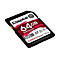 Carte SD noire avec logo Kingston, capacité de 64 Go, fond rouge.