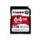 Carte SD Kingston noire, 64 Go. Les valeurs sont sur un fond rouge, avec les lettres "300 Mo/s", "V90", "XC II(3)" et "CANVAS React Plus".