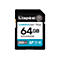 Schwarze SD-Karte von Kingston. Aufschrift: 64GB, CANVAS Go! Plus, SDG4/64GB, 200 MB/s und Logos.