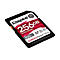Schwarze Kingston SD-Karte mit 256GB, roter Schriftzug, weißer Hintergrund.
