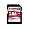 Une carte SD Kingston noire avec 256 Go. La carte indique "280 Mo/s", "CANVAS React Plus" et d'autres spécifications.