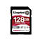 Carte SD Kingston noire avec impression 128 Go. Inscription : Canvas React Plus, 280 Mo/s, SD V60. Sur fond blanc.