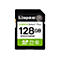 Carte SD Kingston noire avec texte blanc, 128 Go. Inscription : CANVAS Select Plus.