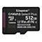 Carte SD noire Kingston, texte: 'CANVAS Select Plus 512 Go' et autres détails techniques.