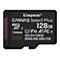 Schwarze Kingston microSD-Karte mit Aufdruck: Canvas Select Plus, 128GB, Taiwan. Lila Streifen links.