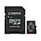 Zwei schwarze Speicherkarten, eine davon im Adapter. Beschriftung: Kingston, Micro SD, 64 GB.