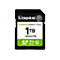 Carte SD Kingston noire avec lettrage blanc : 'Kingston', 'CANVAS Select Plus', '1 To' et spécifications techniques.