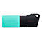 Une clé USB turquoise et noire de la marque Kingston. La partie turquoise porte l'inscription "Kingston" en lettres blanches. La partie noire porte l'inscription "256 Go".