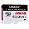 Une carte Micro SD Kingston Endurance. Texte noir sur fond blanc : Kingston, Endurance, 128 Go.