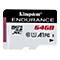Gros plan sur une carte microSD Kingston Endurance sur fond blanc. La carte affiche Kingston, Endurance, 64 Go.