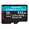 Une carte microSD Kingston Canvas Go! Plus, 512 Go, avec du texte blanc sur fond noir et une bande turquoise.