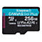 Une carte microSD Kingston Canvas Go! Plus noire avec lettrage blanc et accent turquoise. 256 Go.