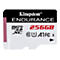 Carte microSDXC Kingston Endurance. Blanc avec texte noir et rouge. 256 Go, logo Micro SDXC.