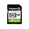 Carte SD Kingston noire avec lettrage blanc, 512 Go, logo et lettrage verts.