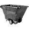Schwarze Transportkarre mit Rädern. Der Container ist aus Kunststoff und hat eine rechteckige Form.