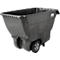 Schwarzer, rechteckiger Müllwagen mit Rädern, zum Transport von Abfällen. Er hat einen Griff und das Rubbermaid-Logo.
