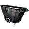 Schwarzer Müllwagen mit Rollen und Griff. Das Logo von Rubbermaid ist sichtbar.