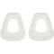 Deux filtres blancs pour un masque respiratoire. Ils sont légèrement transparents et ont une forme ovale allongée avec un trou au milieu.
