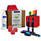 Kit d'essentiels pour tableau blanc Magnetoplan ecoAware avec nettoyant, marqueurs, aimants et accessoires en feutre rouge.