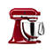 Rote KitchenAid Artisan Küchenmaschine mit Edelstahlschüssel vor weißem Hintergrund.