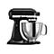 Schwarze KitchenAid Artisan Küchenmaschine mit silberner Edelstahlschüssel vor weißem Hintergrund.