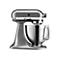 Graue KitchenAid Artisan Küchenmaschine mit Edelstahlschüssel vor weißem Hintergrund.