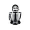 Schwarze KitchenAid Küchenmaschine mit Edelstahlschüssel vor weißem Hintergrund.