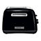 Schwarzer KitchenAid Toaster mit glänzendem Finish und silbernen Akzenten vor weißem Hintergrund.
