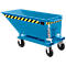 Blue tipping skip with wheels, yellow and black warning stripes, chains and handle.