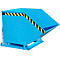Blue painted tipping skip with yellow and black warning stripes. There is a chain on the side.